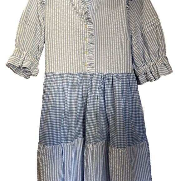 Blue White Seersucker Gingham Ruffle Tiered Prairie Cottagecore Maxi Dress S/M - Picture 7 of 16